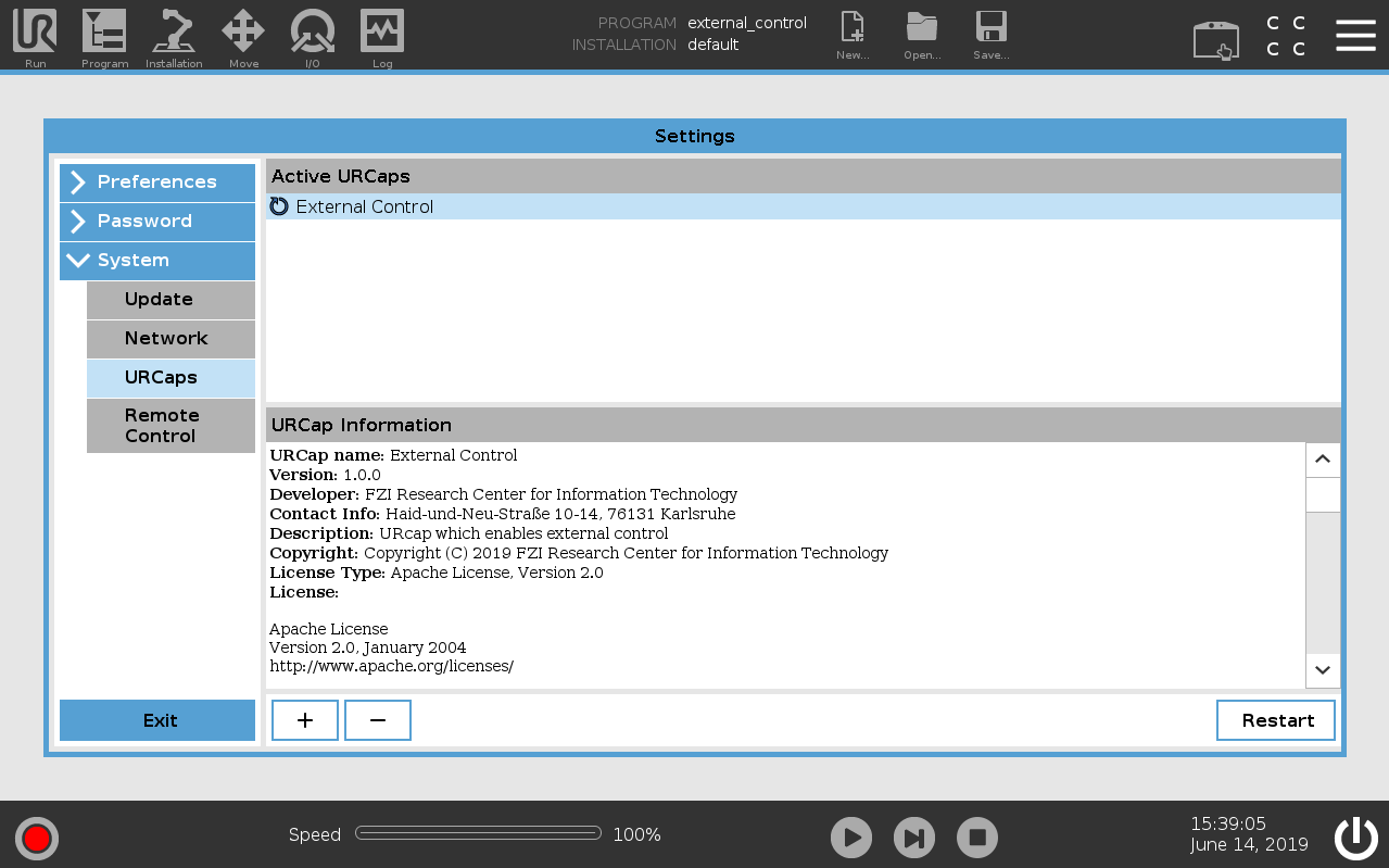 URCaps screen with installed
urcaps